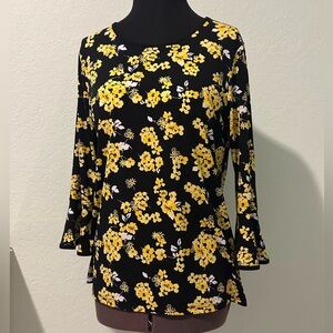 🌼 Michael Kors Yellow Floral Bell-Sleeve Top – Size Large